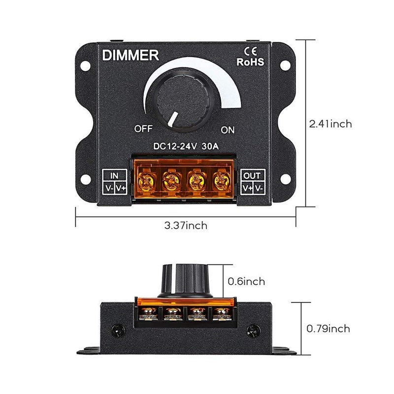 Puly LED Light Strip Dimmer, DC 12V-24V 30A PWM Dimming Controller for Dimmer Knob Adjust Brightness ON/Off Switch with Aluminum Housing, Single Channel for 5050 3538 5630 Single Color Light Ribbon - Image 2